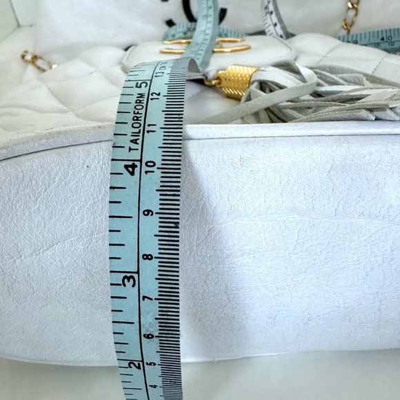 Designer White Quilted Leather Bag with Tassel & Gold Chain and Logo - Picture 8 of 8